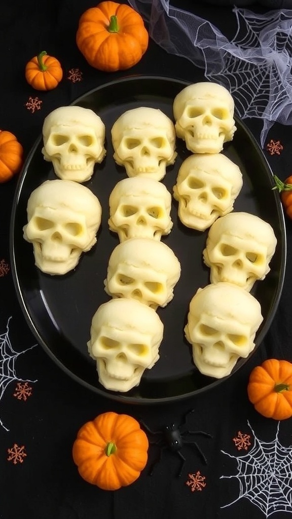 Skull-shaped mashed potatoes on a Halloween-themed platter with decorations.